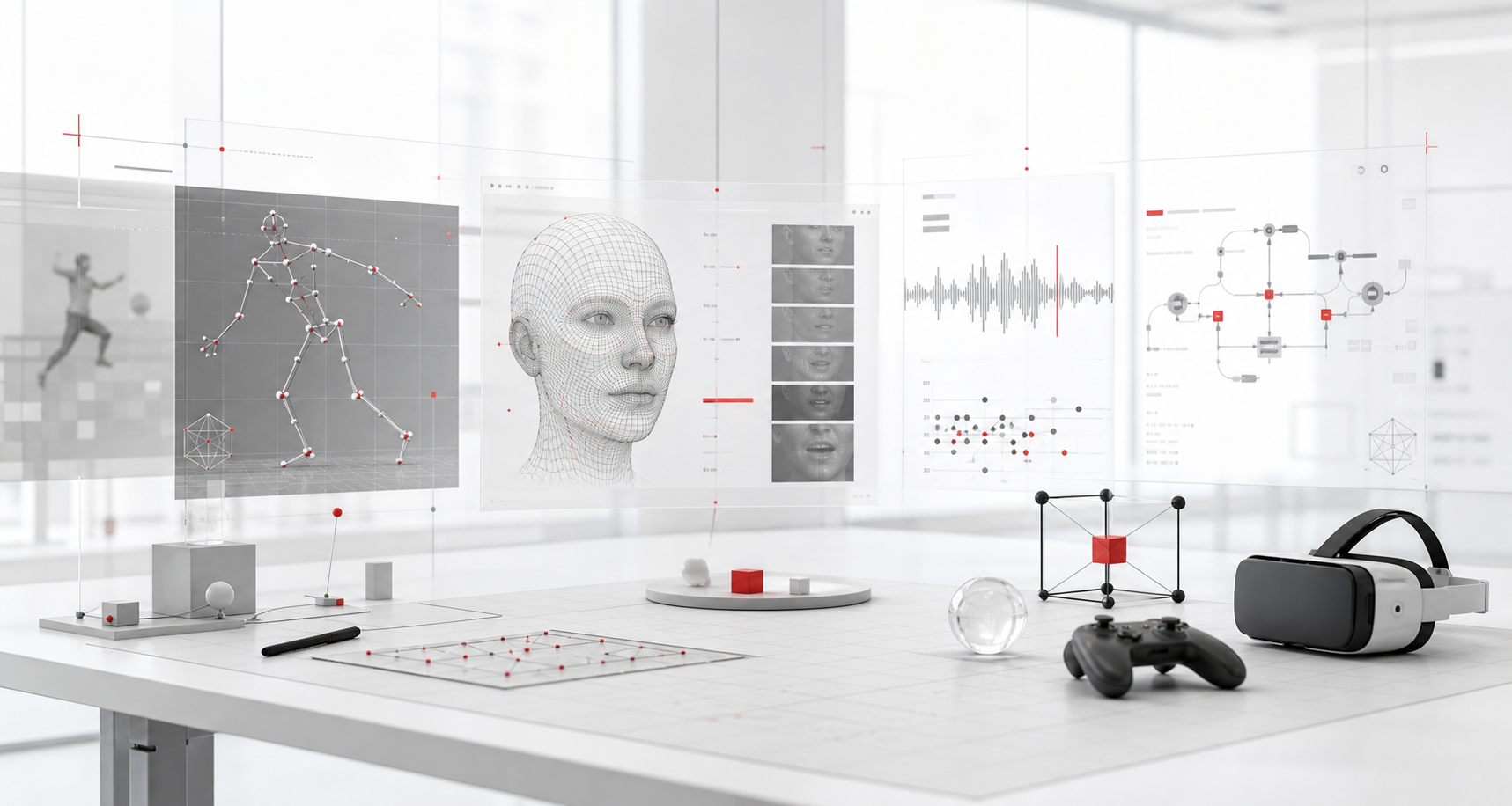 Abstract academic visualization of creative AI research with motion capture points, virtual character mesh, and interface fragments